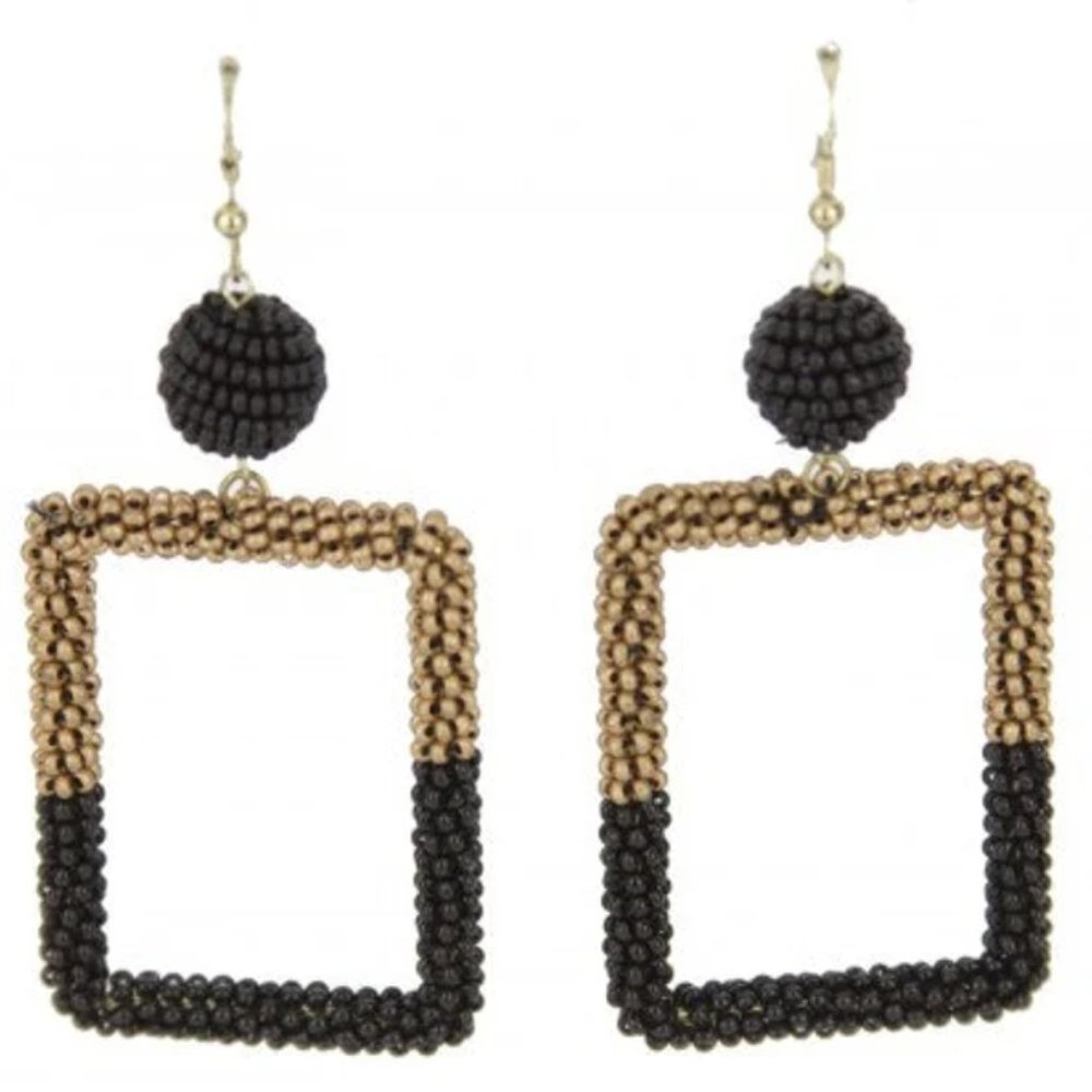 Black and Gold Seed Bead Square Wrapped Earrings~Saints Earrings~Nola Earrings